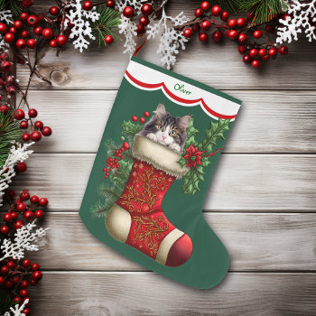 Gray White Cat Peeking Large Christmas Stocking by DogVillage at Zazzle