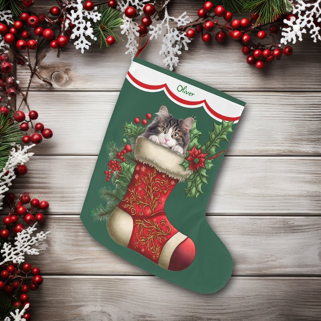 Gray White Cat Peeking Large Christmas Stocking (Creator Uploaded)