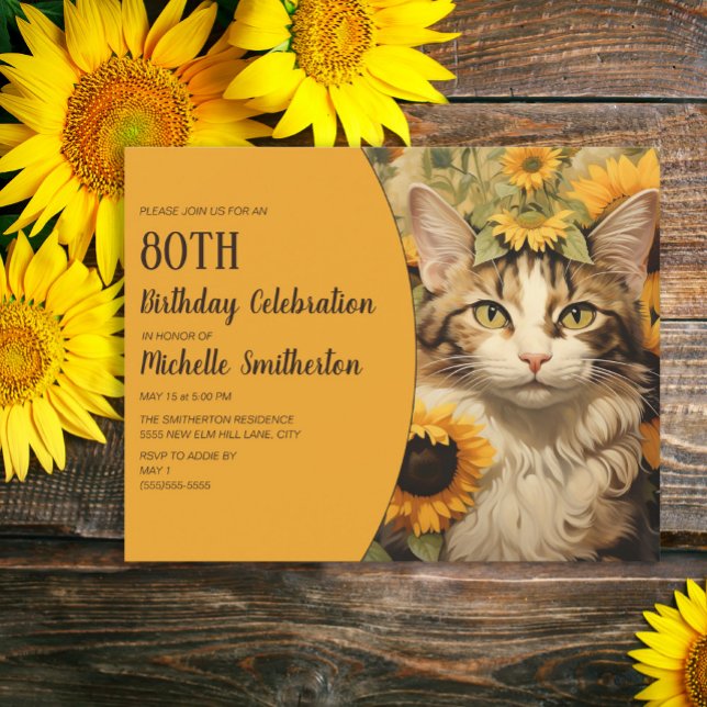 Gray White Cat Yellow Sunflowers 80th Birthday Invitation (Gray and white cat and sunflowers women's 80th birthday party invitation)