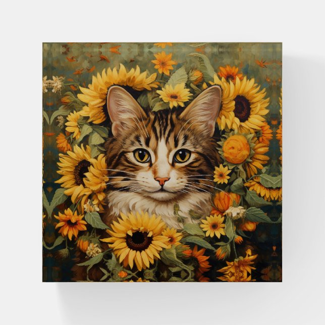 Gray White Cat Yellow Sunflowers Painting  Paperweight (Front)