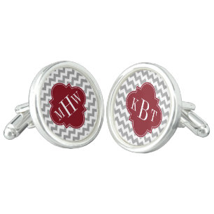 Gray White Chevron Burgundy Quatrefoil 3 Monogram Cufflinks