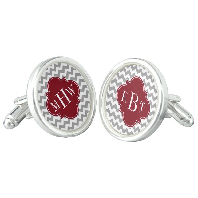 Gray White Chevron Burgundy Quatrefoil 3 Monogram Cufflinks (Angled)