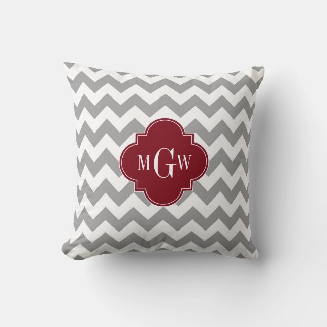 Gray White Chevron Burgundy Quatrefoil 3 Monogram Throw Pillow (Front)