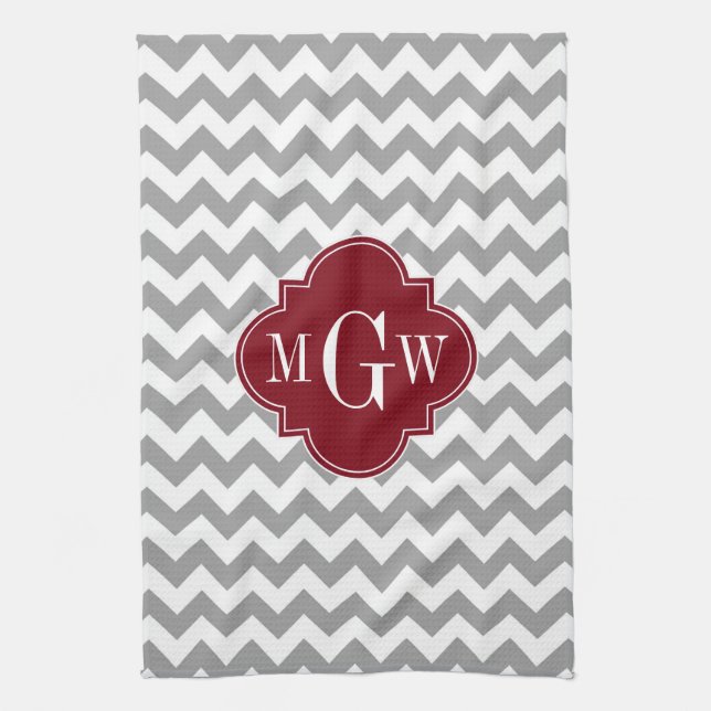 Gray White Chevron Burgundy Quatrefoil 3 Monogram Towel (Vertical)