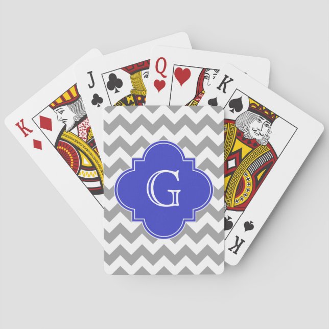 Gray White Chevron Cobalt Blue Quatrefoil Monogram Poker Cards (Back)