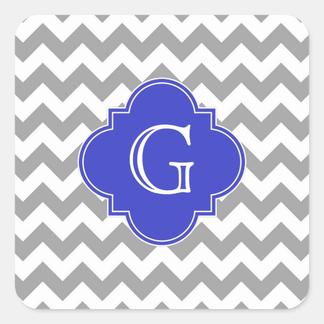 Gray White Chevron Cobalt Blue Quatrefoil Monogram Square Sticker (Front)