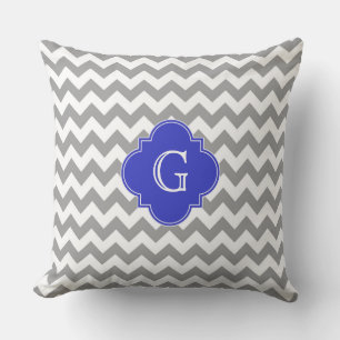 Gray White Chevron Cobalt Blue Quatrefoil Monogram Throw Pillow