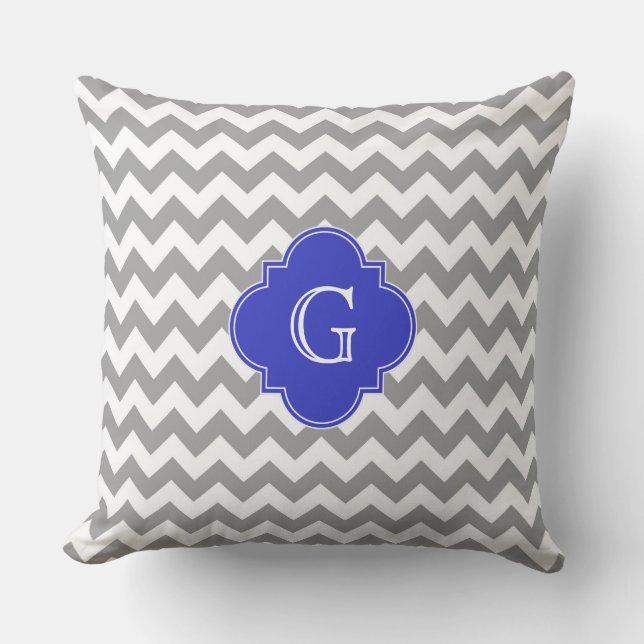 Gray White Chevron Cobalt Blue Quatrefoil Monogram Throw Pillow (Front)