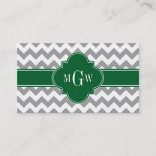 Gray White Chevron Emerald Quatrefoil 3 Monogram Business Card