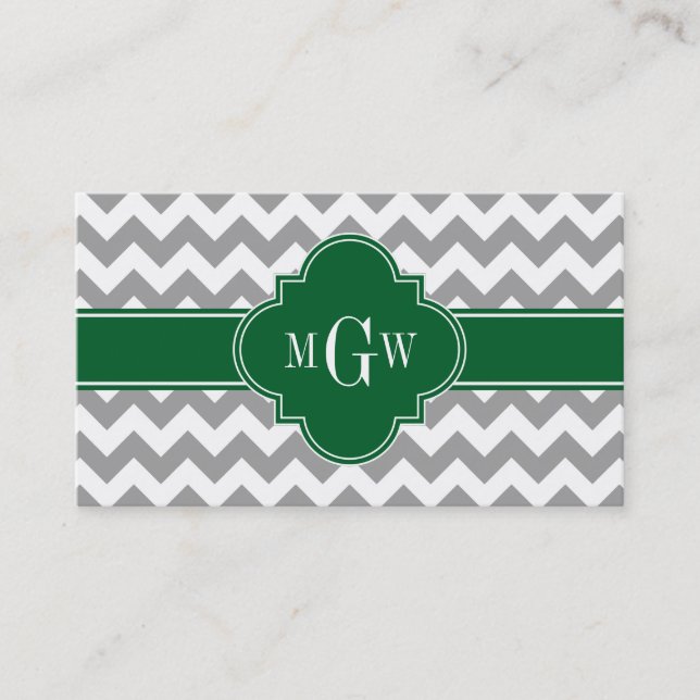 Gray White Chevron Emerald Quatrefoil 3 Monogram Business Card (Front)