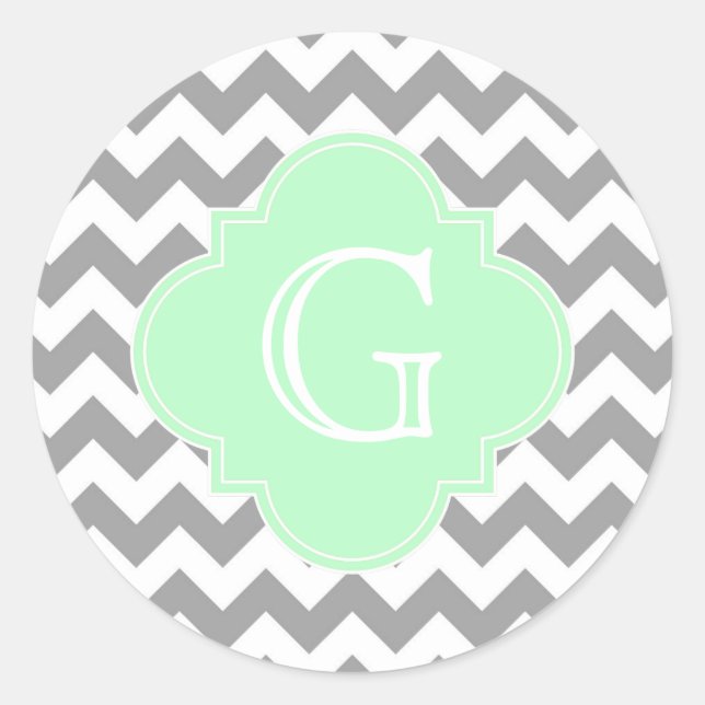 Gray White Chevron Mint Quatrefoil Monogram Classic Round Sticker (Front)