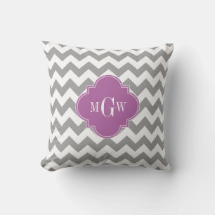 Gray White Chevron Orchid Quatrefoil 3 Monogram Throw Pillow