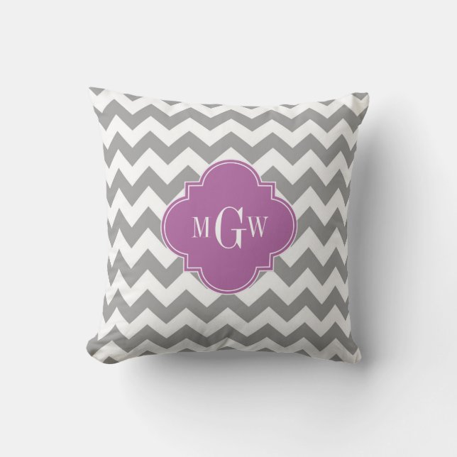 Gray White Chevron Orchid Quatrefoil 3 Monogram Throw Pillow (Front)