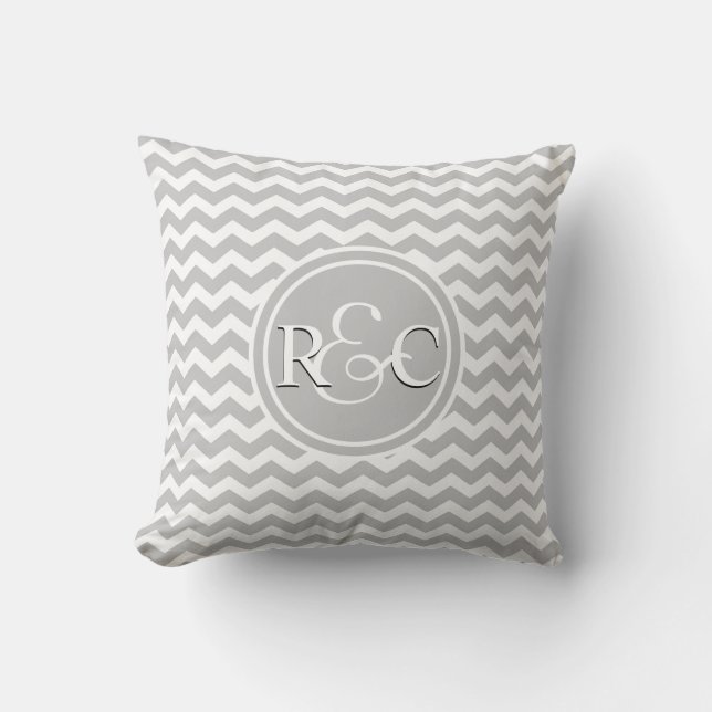Gray White Chevron Personalized Initials Monogram Throw Pillow (Front)