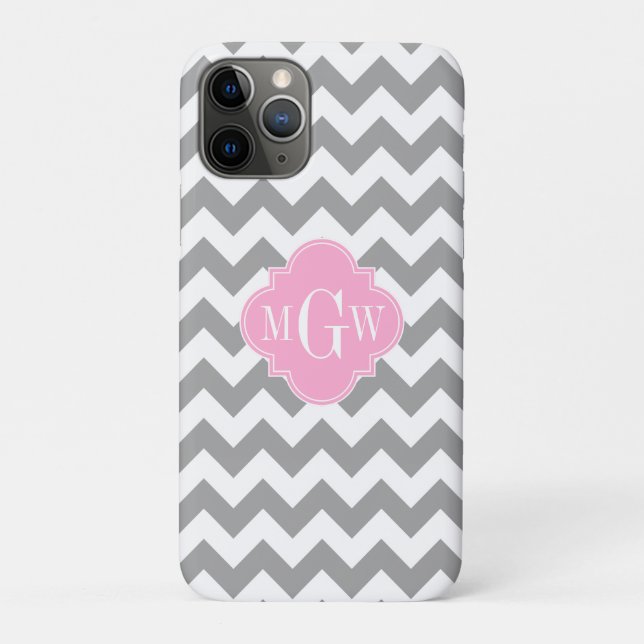 Gray White Chevron Pink Quatrefoil 3 Monogram Case-Mate iPhone Case (Back)