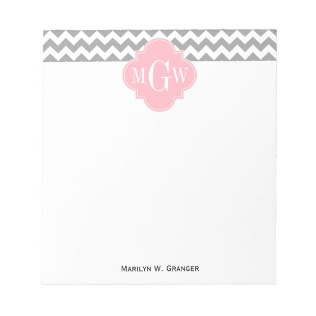 Gray White Chevron Pink Quatrefoil 3 Monogram Notepad (Front)