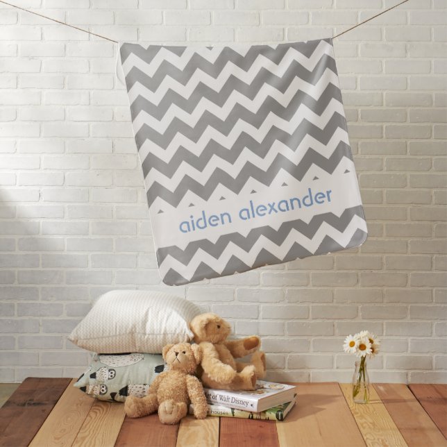 Gray | White Chevrons Zigzag Pattern Baby Names Ba Blanket (In Situ)