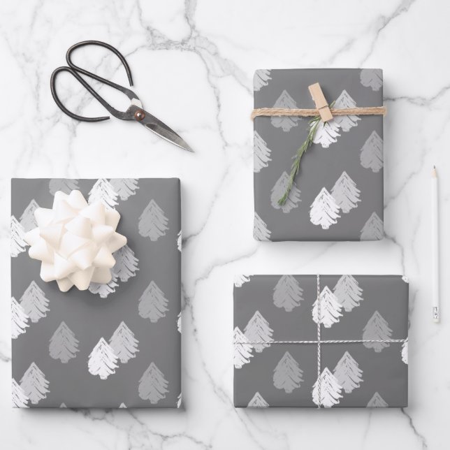 Gray White Christmas Tree Pattern Wrapping Paper Sheets (Front)