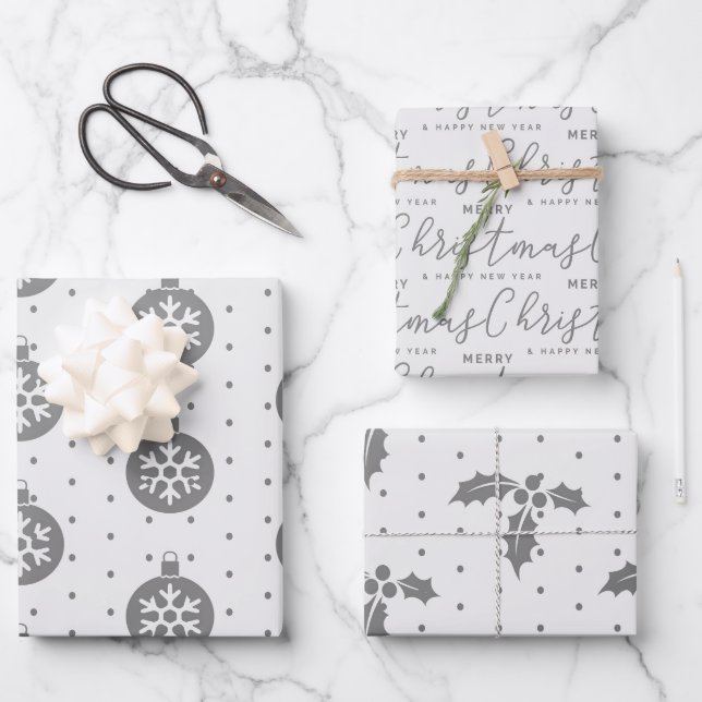Gray & White Christmas Wrapping Paper (Front)