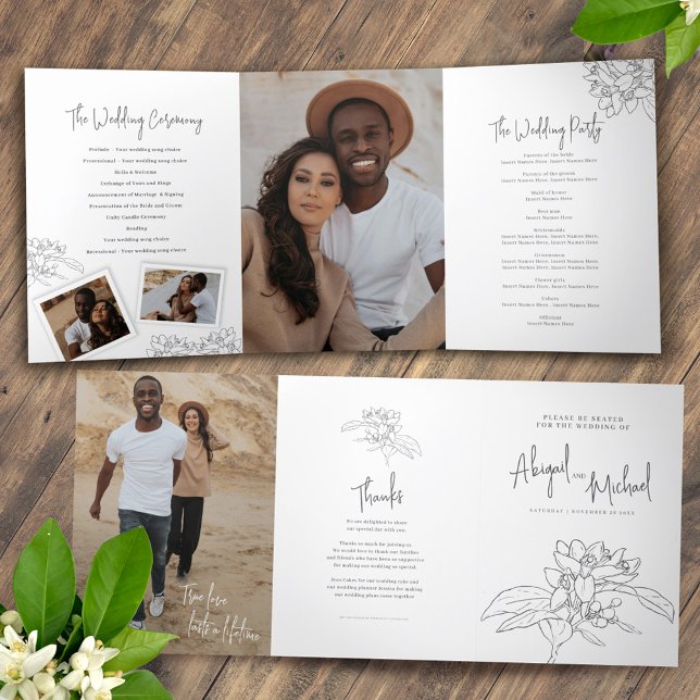Gray white citrus blossom drawing photos wedding Tri-Fold program (Creator Uploaded)
