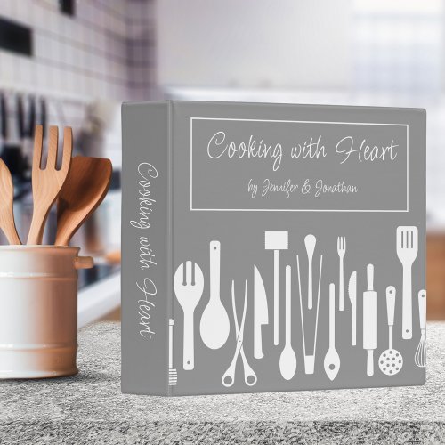 Gray  White Cooking with Heart Couples Recipe 3 Ring Binder