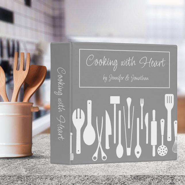 Gray & White Cooking with Heart Couples Recipe 3 Ring Binder (Available in additional colors. )