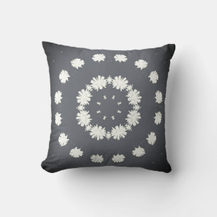 Gray White Daisy Flower Boho Pattern Throw Pillow
