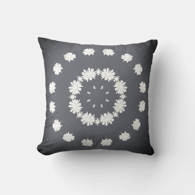 Gray White Daisy Flower Boho Pattern  Throw Pillow (Front)