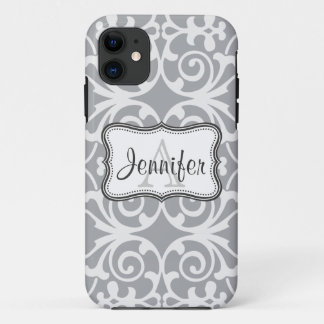 Gray & White Damask Monogram iPhone 5 iPhone 11 Case
