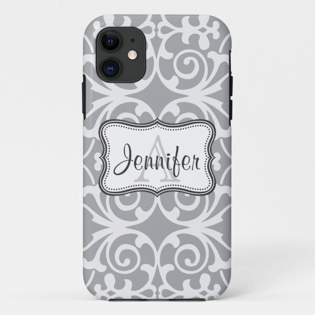 Gray & White Damask Monogram iPhone 5 Case-Mate iPhone Case (Back)
