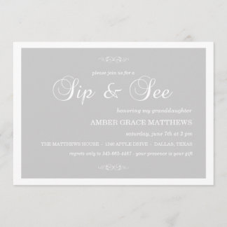 Gray & White Damask Sip And See Invitation