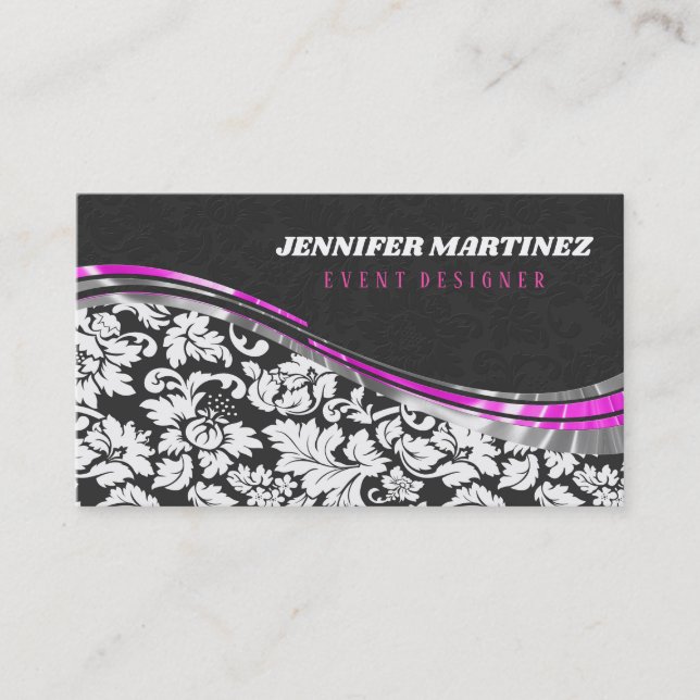 Gray & White Damasks With Pink Accents Business Card (Front)