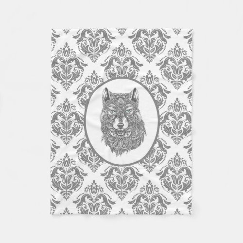 Gray  White Damasks With Wolf Head Illustration Fleece Blanket