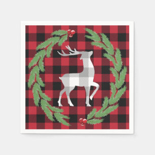 Gray White Deer Buffalo Plaid Holly Pine Berries Napkins