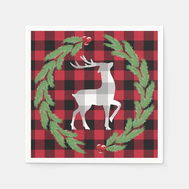 Gray White Deer Buffalo Plaid Holly Pine Berries Napkins (Front)