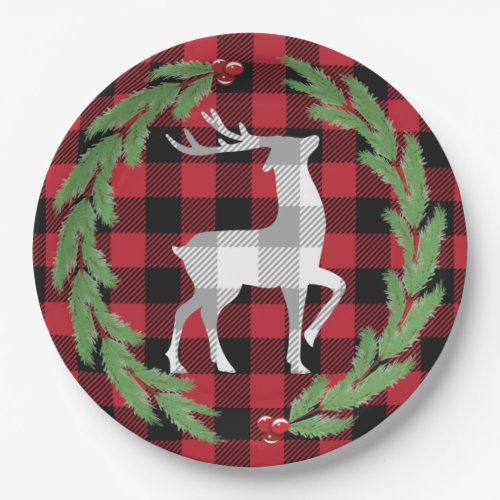 Gray White Deer Buffalo Plaid Holly Pine Berries Paper Plates