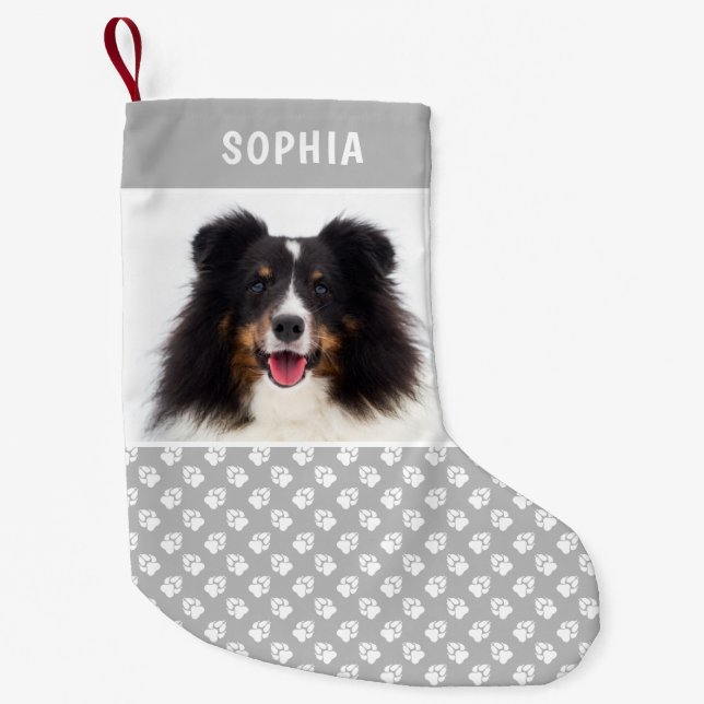 Gray White Dog Paws Custom Pet Photo Personal Name Small Christmas Stocking (Front)