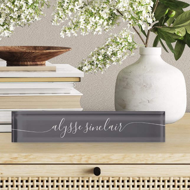 Gray & White Elegant Calligraphy Script Desk Name Plate (Creator Uploaded)