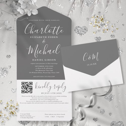 Gray White Elegant Modern Script QR Code Wedding All In One Invitation