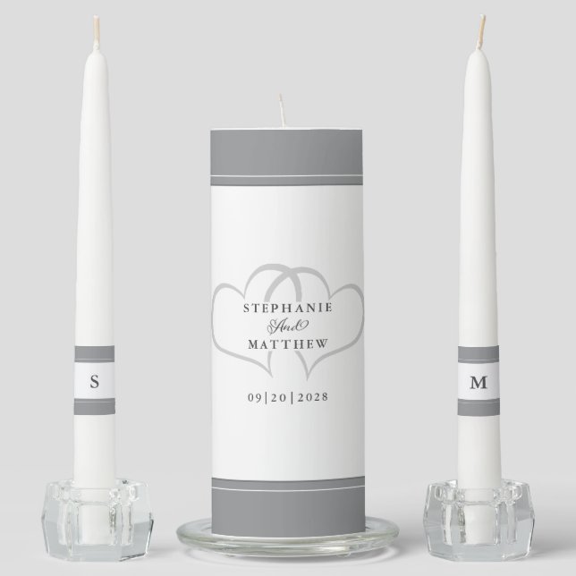 Gray & White Elegant Wedding Ceremony Bride Groom Unity Candle Set (Front)