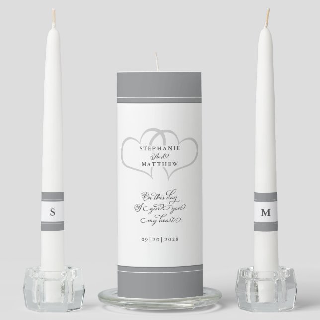 Gray & White Elegant Wedding Ceremony Bride Groom Unity Candle Set (Front)