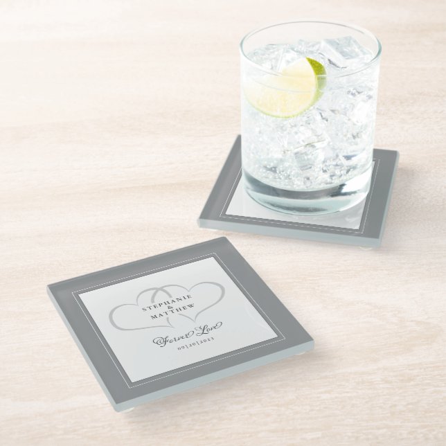 Gray & White Elegant Wedding Hearts Forever Love Glass Coaster (Angled)