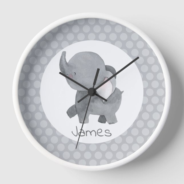 Gray White Elephant Baby Nursery Clock With Name (Front)