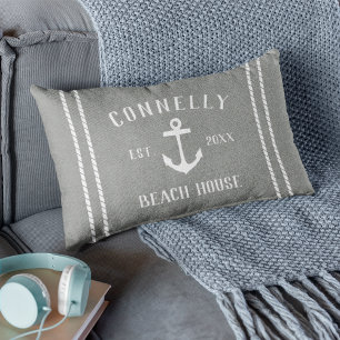 Gray & White Family Name Beach House Anchor Lumbar Pillow