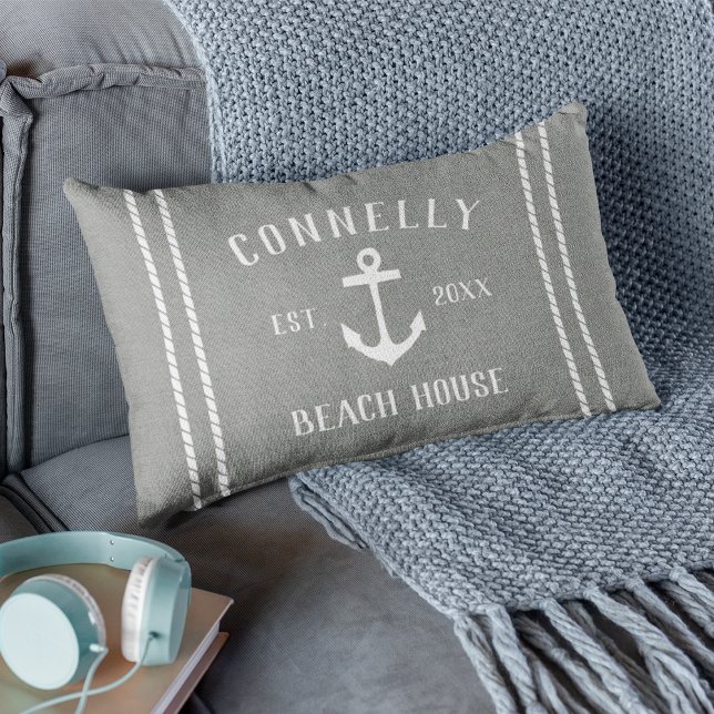 Gray & White Family Name Beach House Anchor Lumbar Pillow (Creator Uploaded)