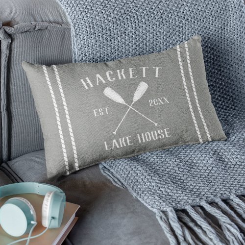 Gray  White Family Name Lake House Oars Lumbar Pillow