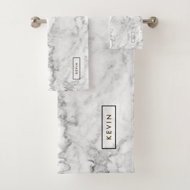 Gray & White Faux Marble Stone Bath Towel Set (Insitu)