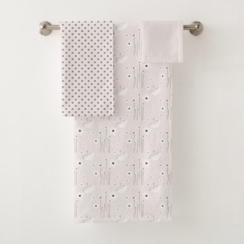 Gray White Floral and Polka Dots Bath Towel Set