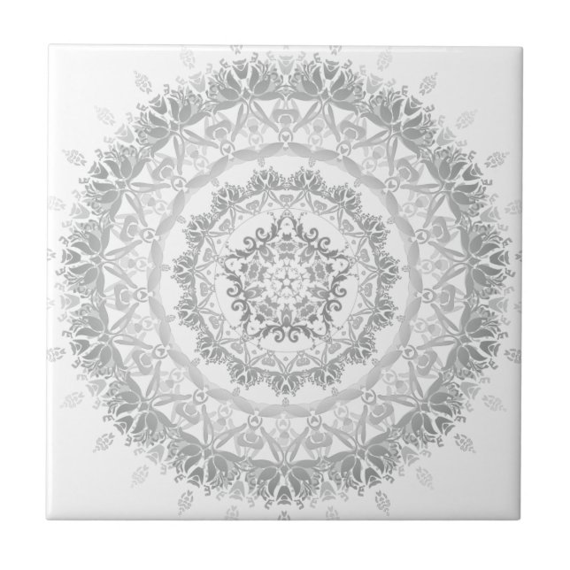 Gray White Floral Damask Mandala Ceramic Tile (Front)