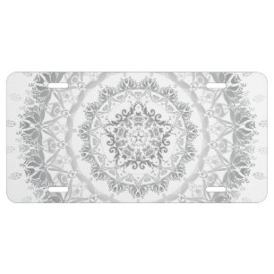 Gray White Floral Damask Mandala License Plate